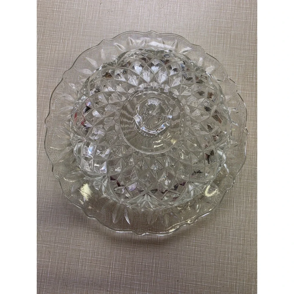 Vintage Clear Pressed Glass Round Butter Dish with Domed Lid Starburst Diamond